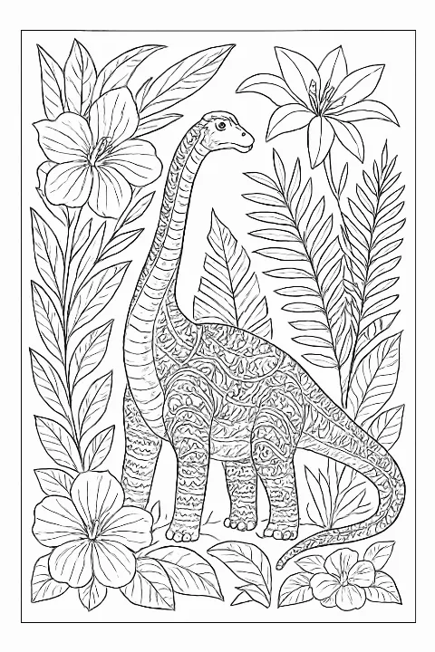 Detailed Brachiosaurus botanical garden coloring page with floral patterns and ferns.