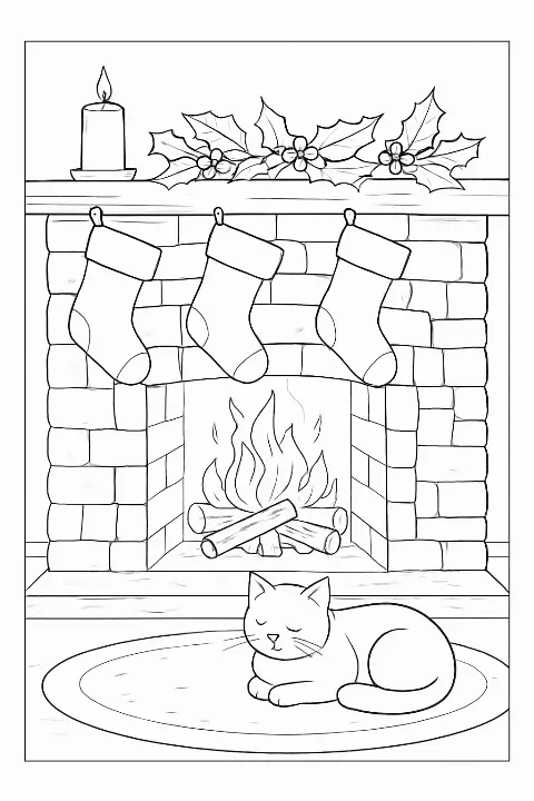 A detailed cozy winter fireplace coloring page featuring stockings and a cat, perfect for holiday relaxation.