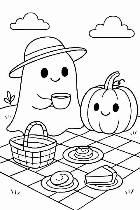Friendly ghost coloring page featuring a cute ghost and a smiling pumpkin having a picnic.