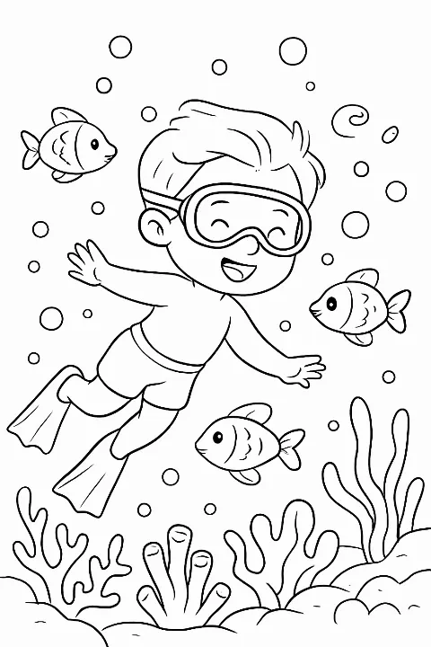 A child swimming underwater with goggles in this detailed swimming coloring page.