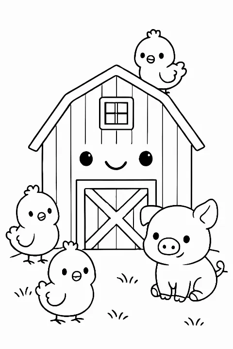 A super cute barn coloring page featuring a smiling building and playful farm animals with bold lines.