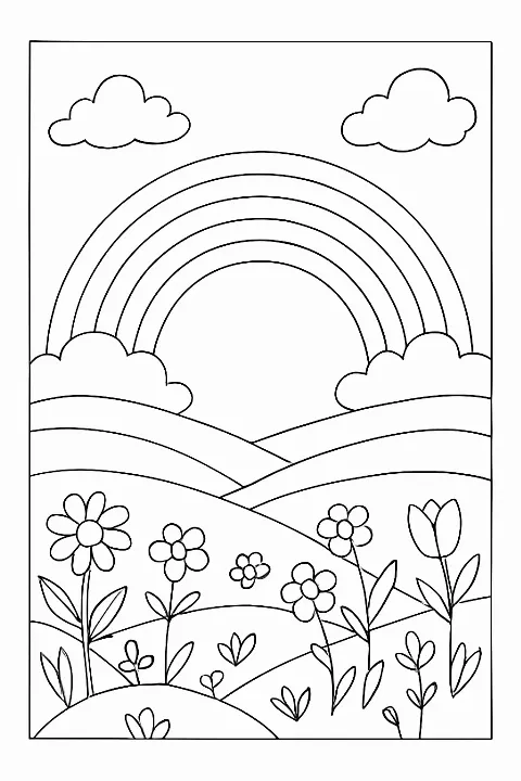 A beautiful landscape featuring a bright rainbow, perfect for a magical landscape rainbow coloring page.