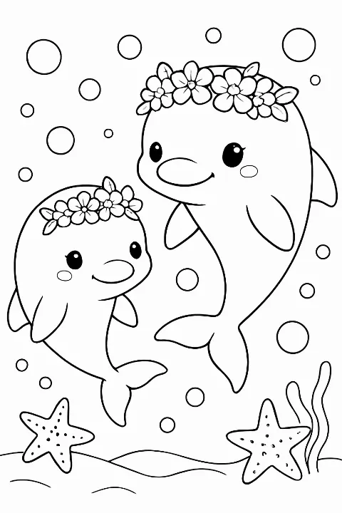 Two happy dolphins with flower crowns in a clean, cute dolphin coloring page design.