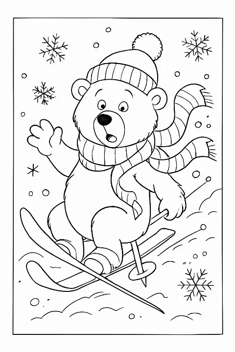 A happy bear learning to ski with giant skis in this detailed skiing bear coloring page.