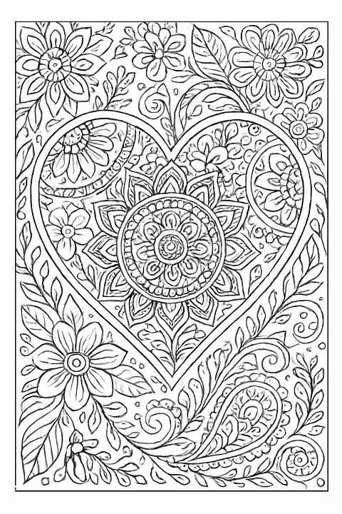 Intricate floral heart mandala coloring page with clean bold lines for artists.