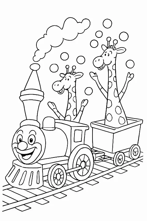 A happy circus train coloring page with clown locomotive and animals.