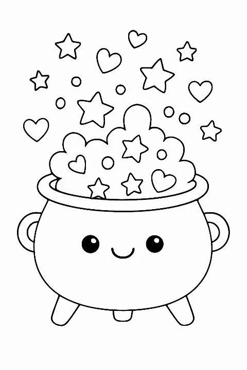 A happy bubbling cauldron on a cute potion cauldron coloring page with stars and bubbles.