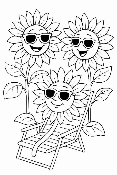 A happy sunflower family wearing sunglasses in this fun sunflower family coloring page.