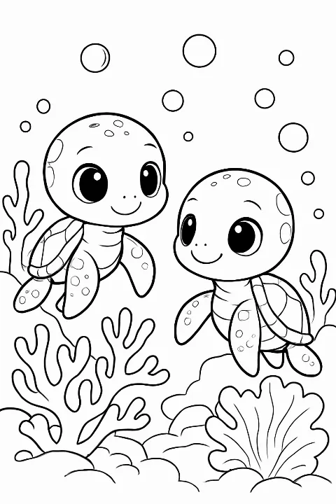A cute baby turtle coloring page featuring two smiling turtles playing near a colorful coral reef.