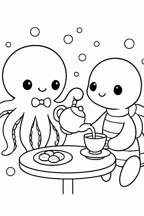 A cute octopus serving tea to a turtle on this fun octopus tea party coloring page.