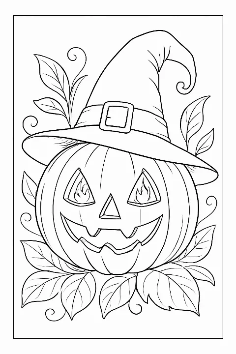 A coloring page featuring a witch-style pumpkin with fiery eyes. coloring page