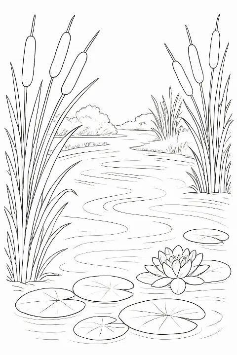 A peaceful cattail river scene coloring page featuring realistic reeds and lily pads.