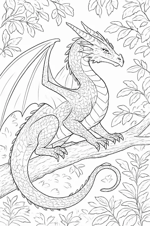 A detailed majestic forest dragon coloring page featuring intricate scales and lush woodland surroundings.