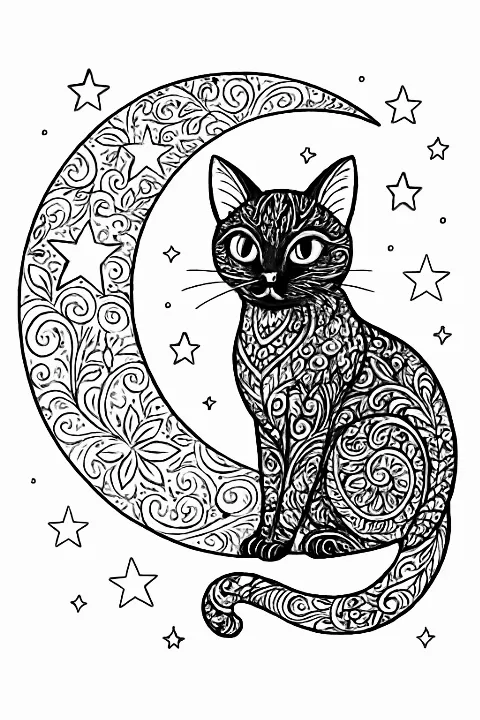 Detailed whimsical black cat coloring page with a crescent moon and stars.