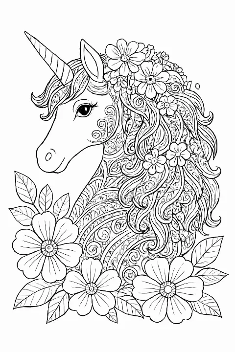 Detailed whimsical unicorn coloring page with floral patterns and clean outlines for artistic shading.