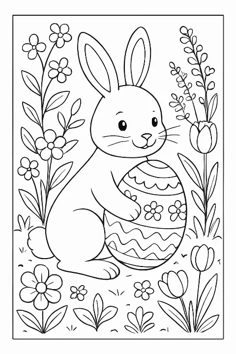 A cute bunny with a patterned egg in a floral garden on a whimsical Easter garden coloring page.