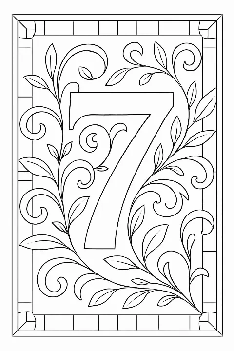 Intricate geometric number seven design on a geometric number coloring page.