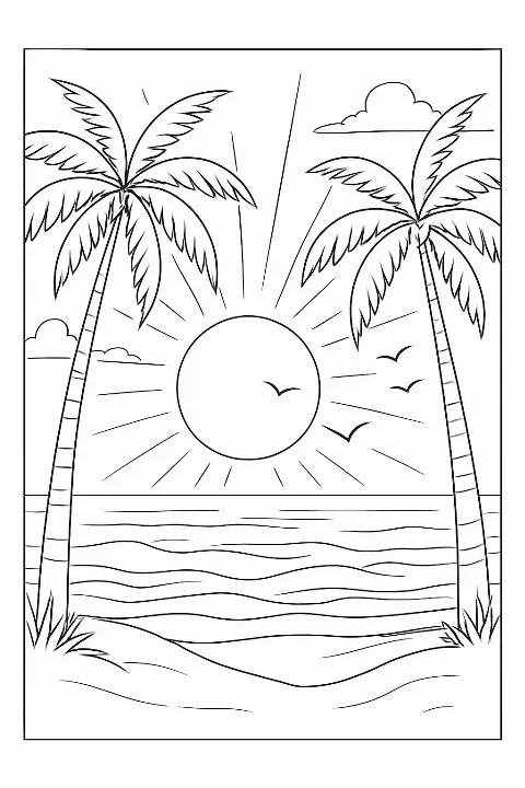 A peaceful sunset nature coloring page featuring ocean waves and silhouettes.