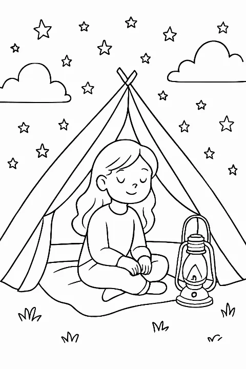 A happy girl sitting inside a camping tent with a lantern on this girl camping in a tent coloring page.