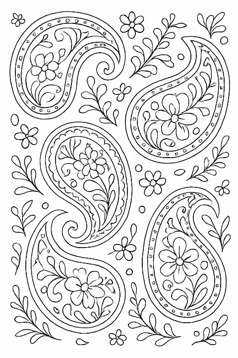A detailed paisley patterns coloring page featuring large teardrop shapes and floral designs.