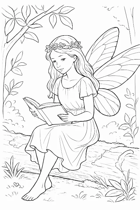 A peaceful fairy reading a book on a mossy log in this woodland fairy coloring page.