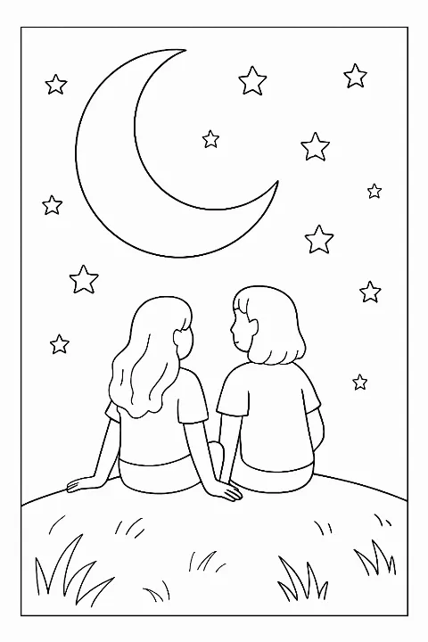 Two friends sitting on a hill looking at a starry sky in this friends stargazing coloring page.
