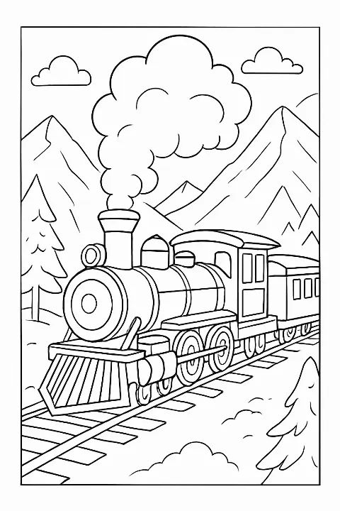 A detailed steam train coloring page featuring a vintage locomotive with clean, bold lines.