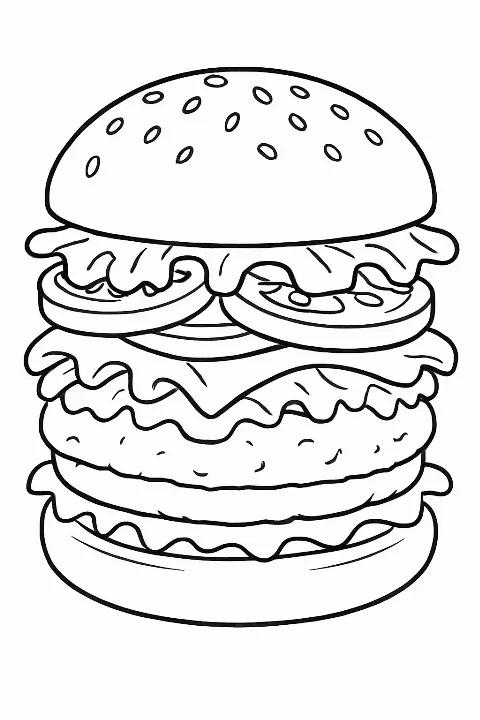 A large, tasty-looking burger with fresh toppings on a burger coloring page.