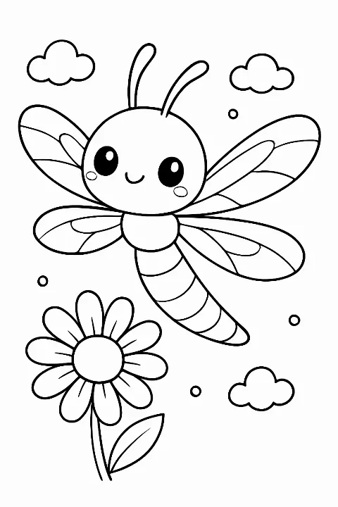 A happy kawaii dragonfly hovering over a blooming flower in this dragonfly coloring page.