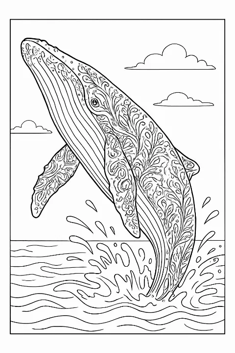 Detailed humpback whale coloring page featuring artistic coral patterns and clean line art.
