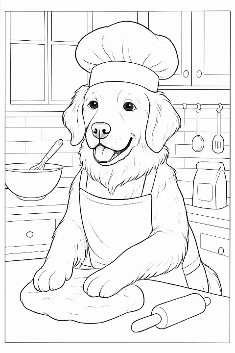 A realistic baking dog coloring page featuring a Golden Retriever in a chef hat.