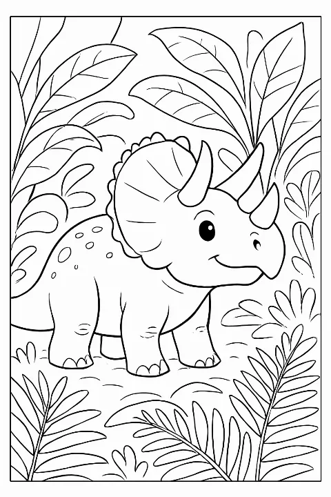 Detailed triceratops coloring page featuring a dinosaur in a jungle setting with clean lines for easy coloring.