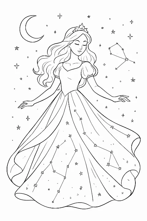 A beautiful celestial princess wearing a star-filled gown in this detailed celestial princess coloring page.