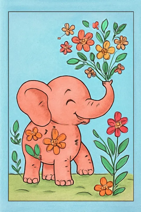 Coloring example - Whimsical Elephant Garden Adventure