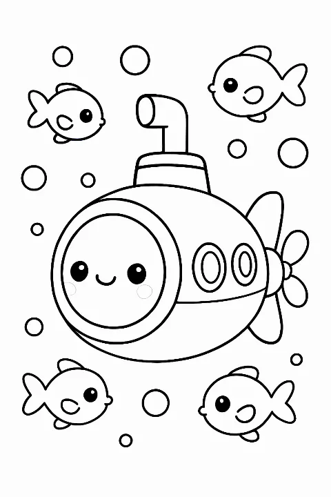 An adorable smiling submarine surrounded by friendly fish on a submarine coloring page.