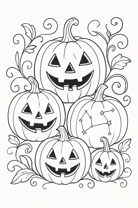 A detailed jack o lantern coloring page featuring carved stars and swirling vines in a pumpkin patch.