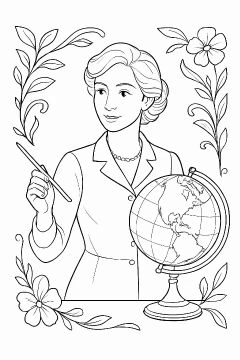 A detailed geography teacher coloring page featuring a globe and a world map background.