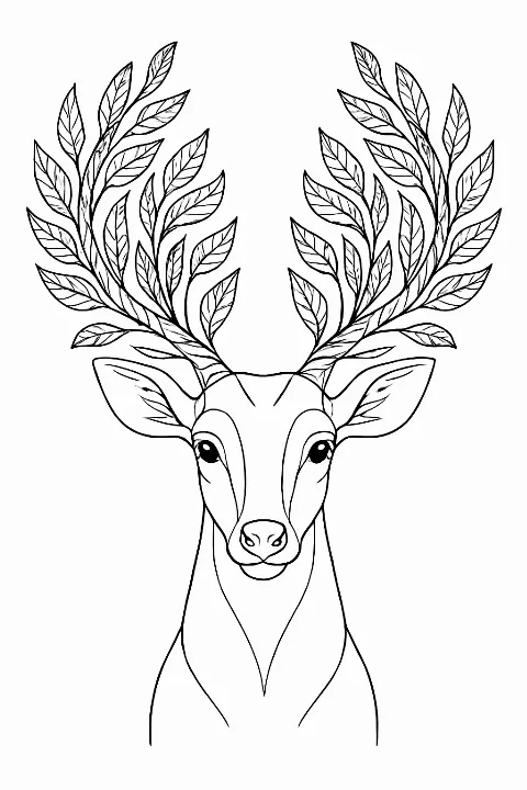 A beautiful deer head inside a symmetrical forest animal mandala coloring page with bold lines.