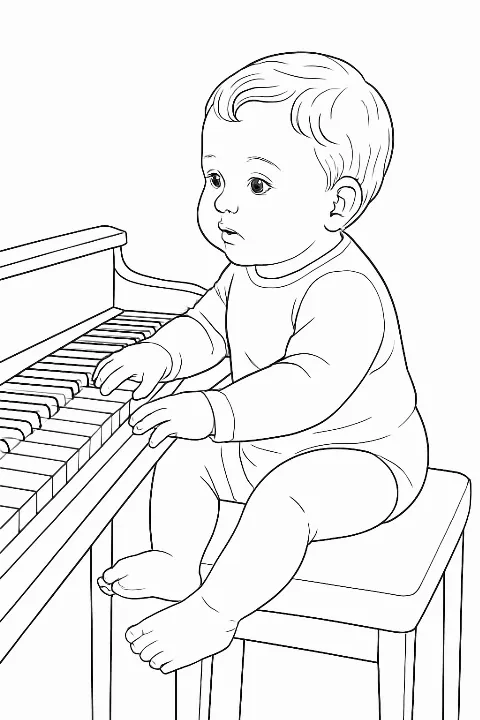 A cute baby sitting at a grand piano in this detailed baby playing piano coloring page.