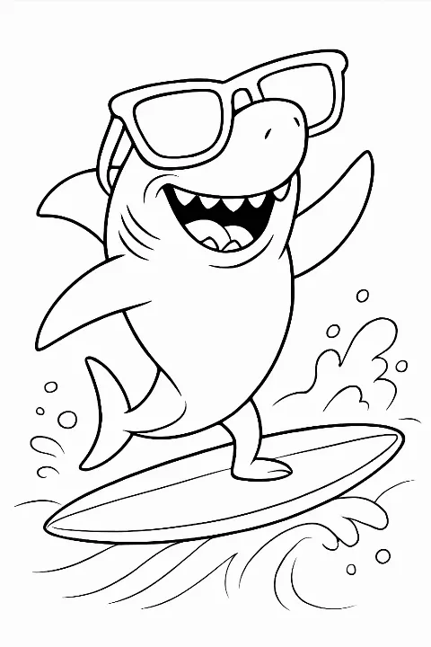 A cartoon surfing shark wearing sunglasses on a sunny day coloring page