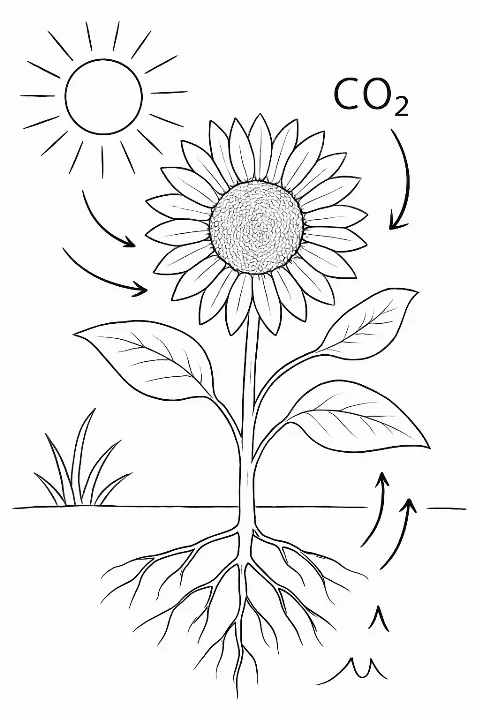 A detailed photosynthesis coloring page showing a sunflower plant absorbing sunlight and water.