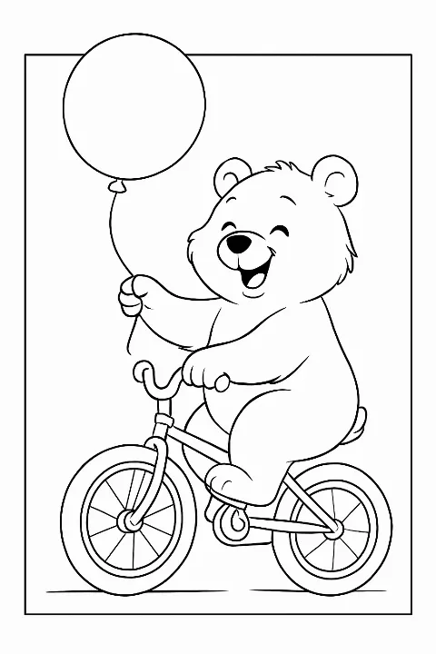 A cute bear riding a bicycle in this fun bicycle coloring page for kids and adults.