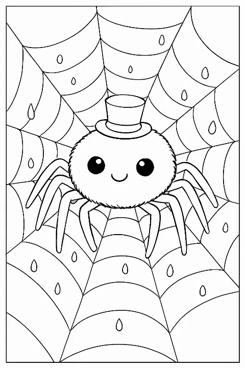 A cute spider in a garden web on a fun spider coloring page with clear black and white outlines.