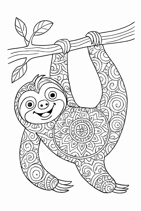 A happy sloth covered in intricate patterns on a zentangle sloth coloring page.