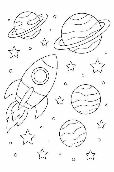 A whimsical planets coloring page featuring a cute rocket ship and smiling celestial bodies in space.
