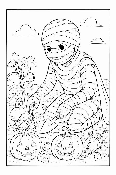 A friendly mummy tending to a pumpkin patch in this detailed mummy gardening coloring page.