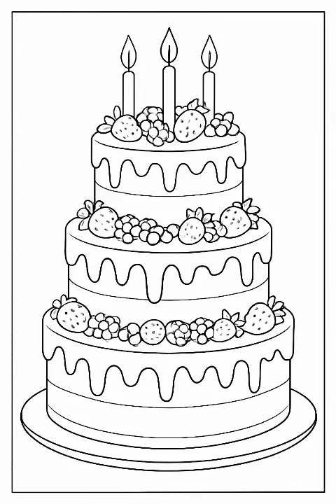 A detailed layered cake coloring page featuring drip frosting and candles.