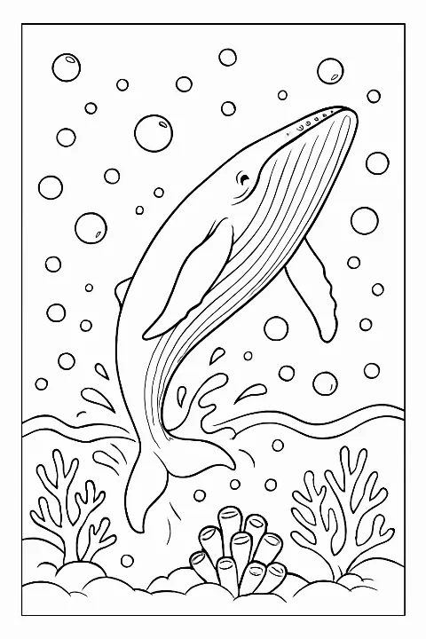 A friendly whale leaping out of the ocean in this detailed whale coloring page for all ages.