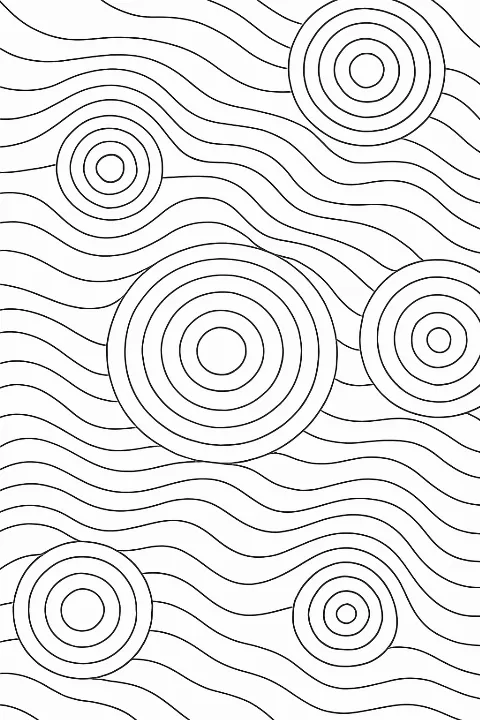 Elegant abstract circle waves coloring page featuring fluid circular patterns and clean lines for artistic relaxation.