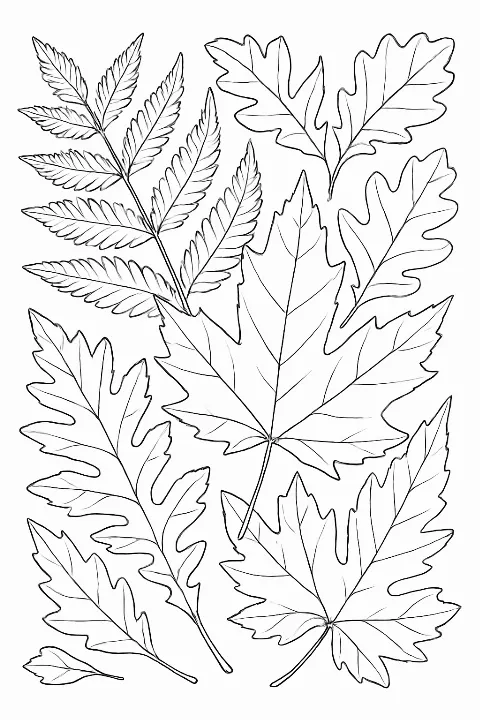 A detailed botanical leaves coloring page featuring assorted forest foliage